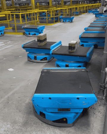 two robots at Amazon blocking each other