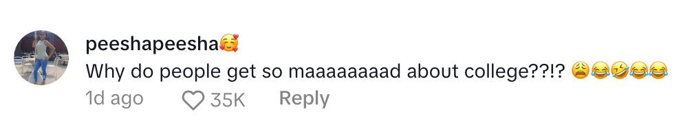 Social media comment: &quot;Why do people get so mad about college?!?&quot; with laughter emojis