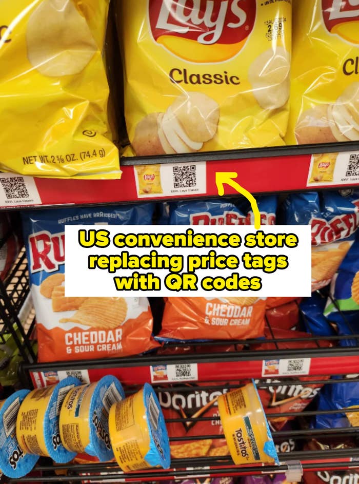 Bags of chips with QR codes below them instead of prices