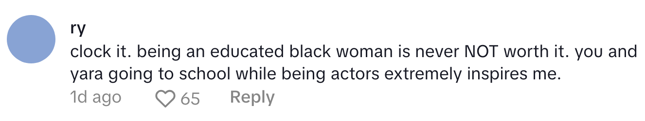 Comment praising education for Black women, mentioning inspiration from actors pursuing education