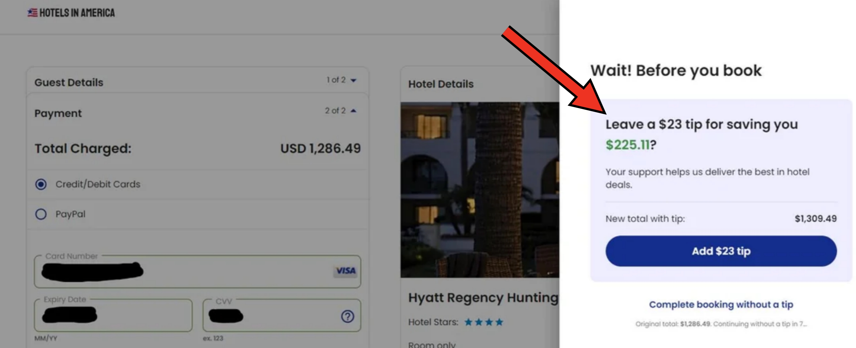 hotel website checkout page asking for tip