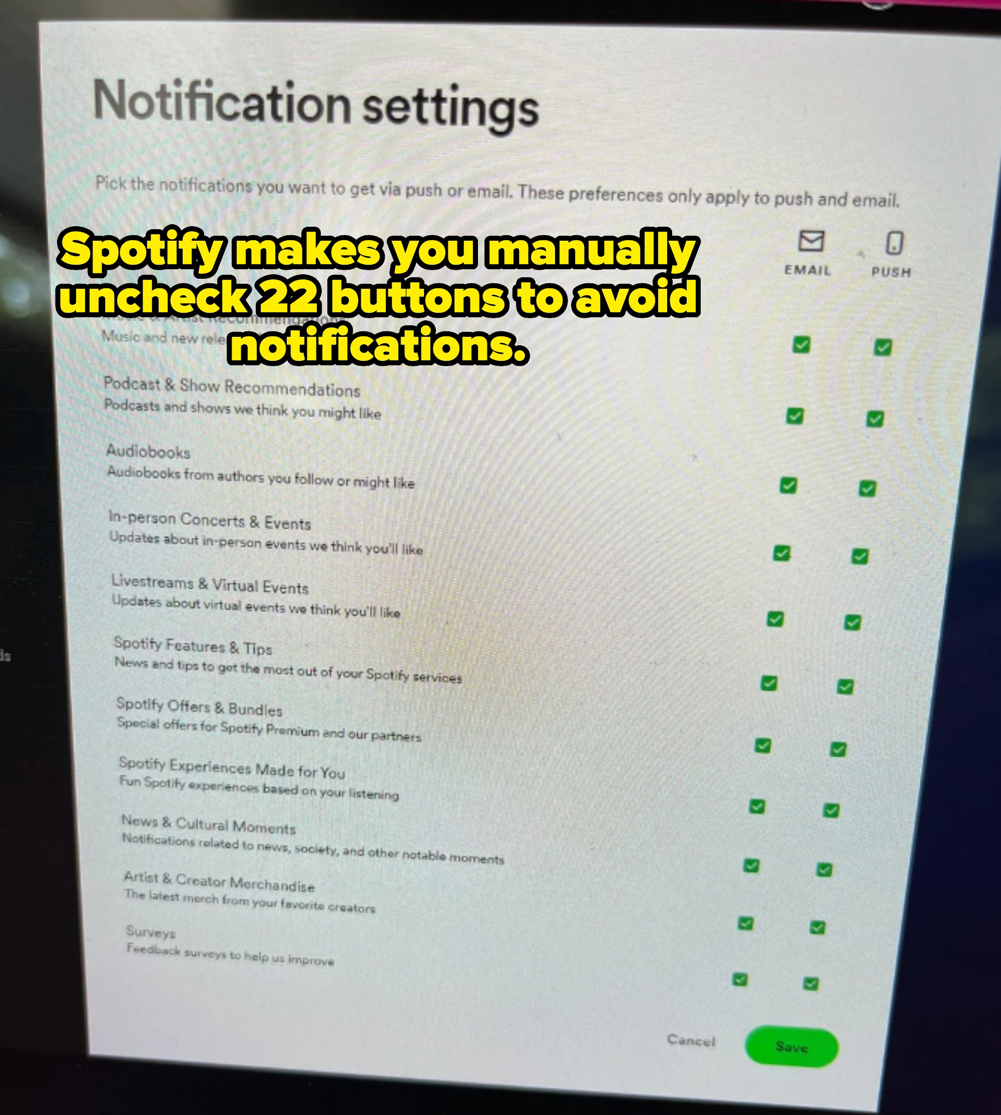 page to check and uncheck different types of Spotify notifications captioned "Spotify makes you manually uncheck 22 buttons to avoid notifications"