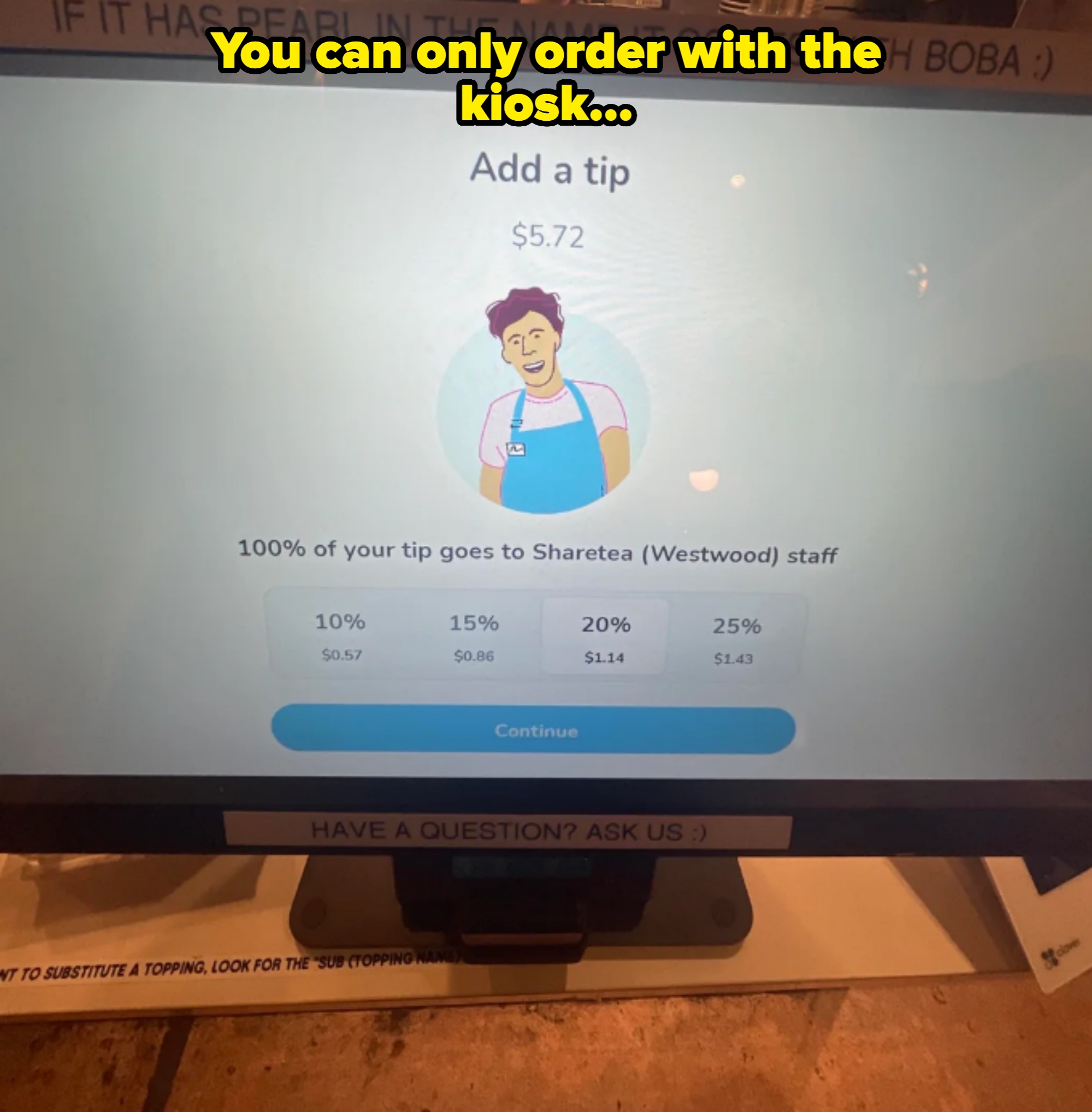 Touchscreen display asking for a tip; caption notes the only option was to order via the kiosk, not a server