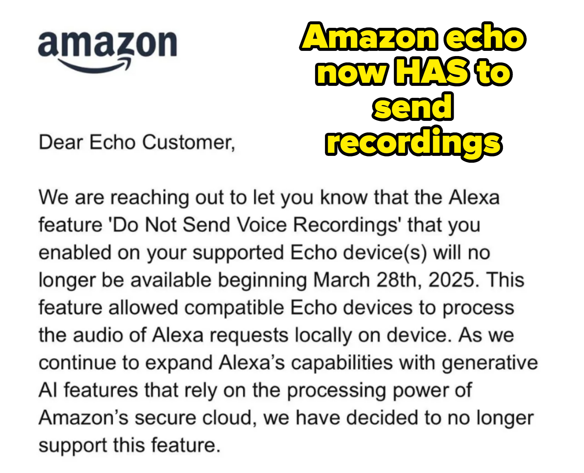 Letter from Amazon informing Echo users that the "Do Not Send Voice Recordings" feature will be discontinued on March 28, 2025