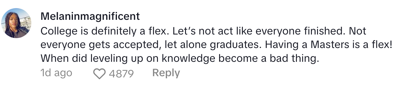Comment about the importance of college, emphasizing acceptance, graduation, and master's degrees as achievements