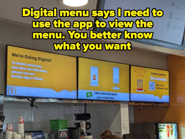 Screens at McDonald's announce digital ordering, promoting mobile app and kiosk use, with rewards available exclusively on the app. Caption notes that you need the app to view the menu
