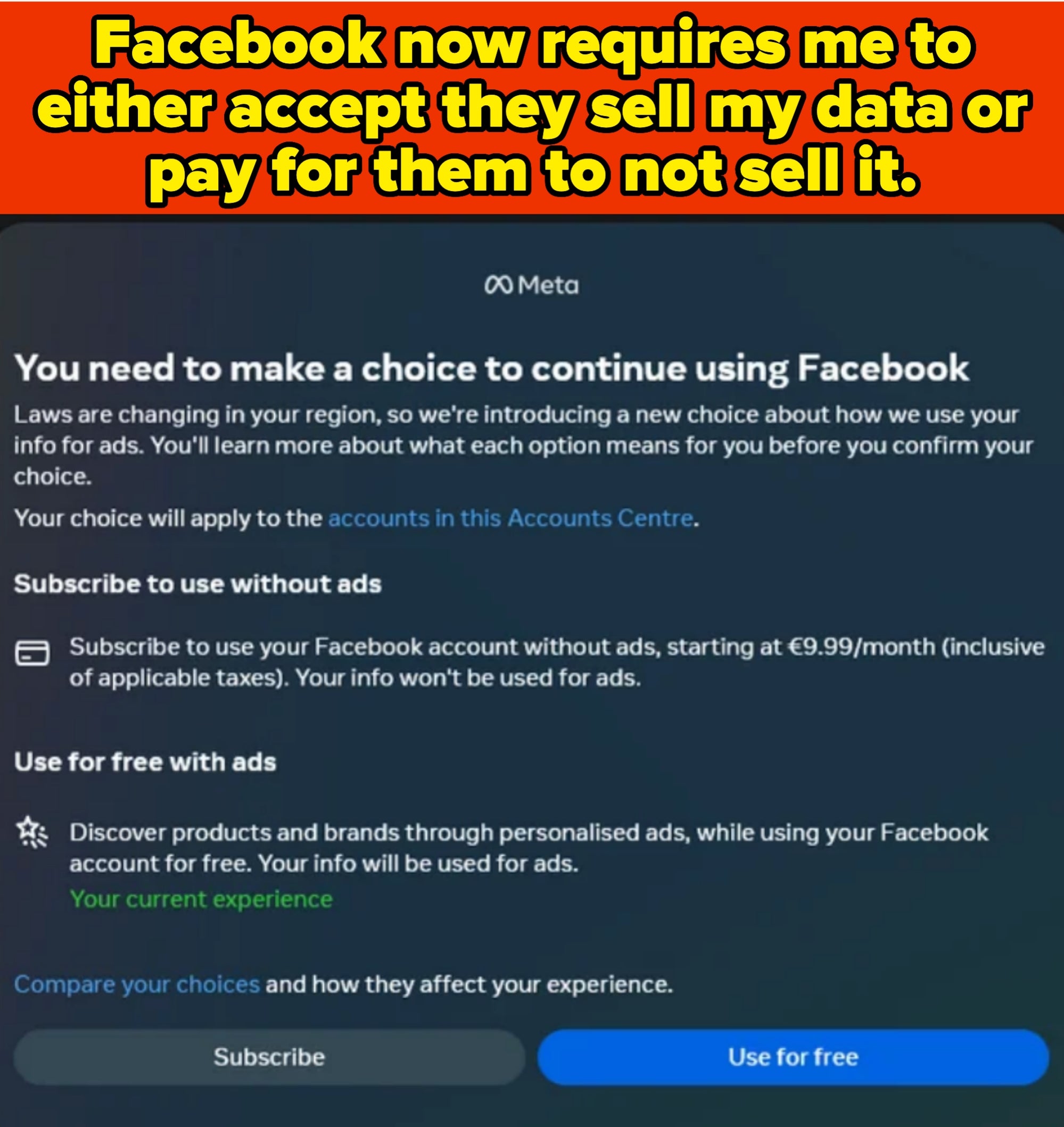 A notification from Meta requires users to choose between using Facebook with personalized ads or paying to use it ad-free starting at €9.99/month