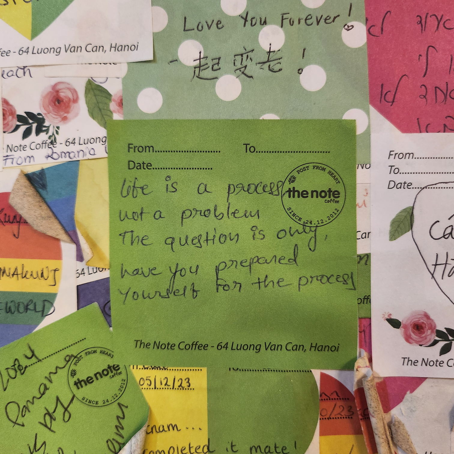 Various sticky notes with messages. Central note reads, &quot;Life is a process, not a problem. The question is only: have you prepared yourself for the process?&quot;