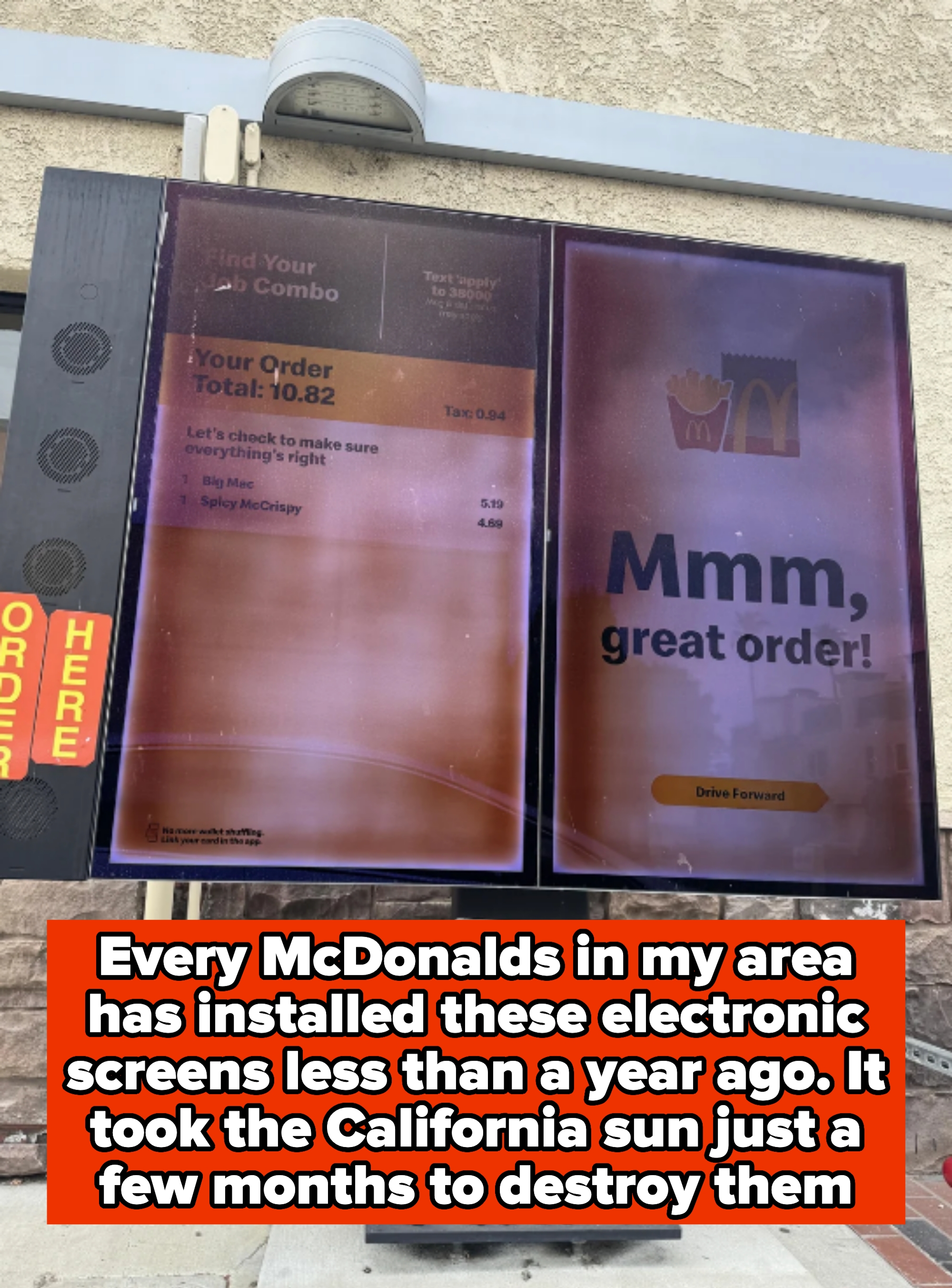 Fast-food drive-thru screens with sun damage