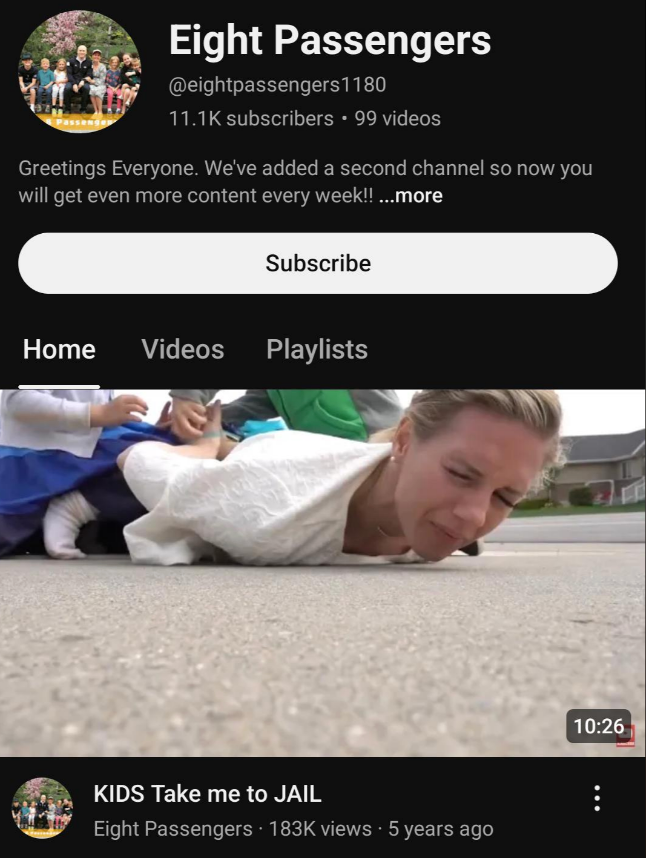 Kids pretend to arrest Ruby Franke in Eight Passengers video titled "kids take me to jail"