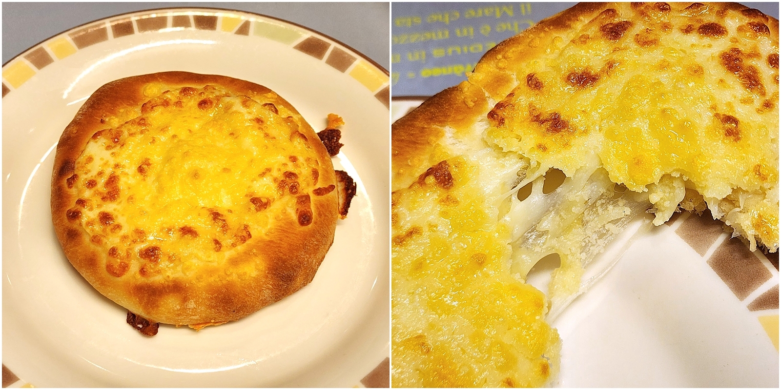 皿に載った焼きたてのチーズパンのクローズアップと、パンの断面。外はカリッと、内側はふんわり。