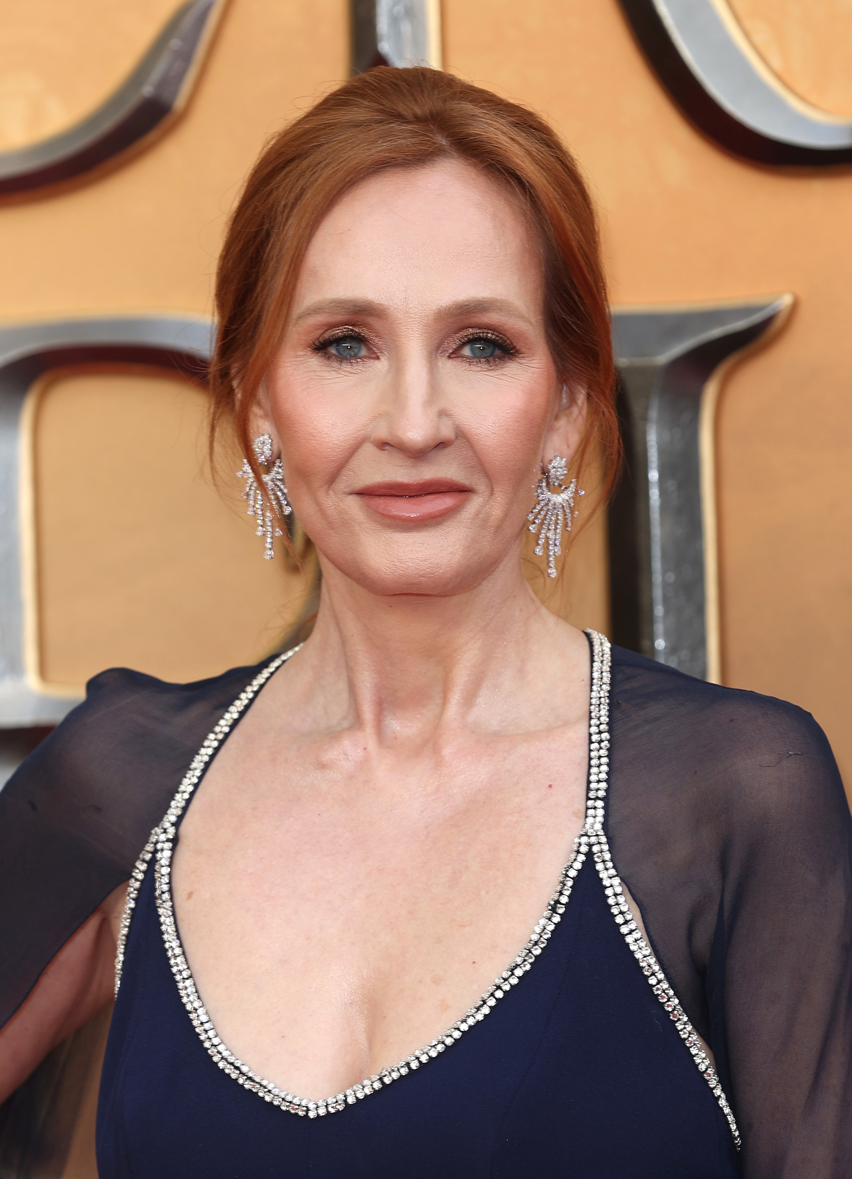 I don’t know who this is, but a person with elegant earrings is wearing a gown with sheer sleeves and a beaded neckline at a formal event