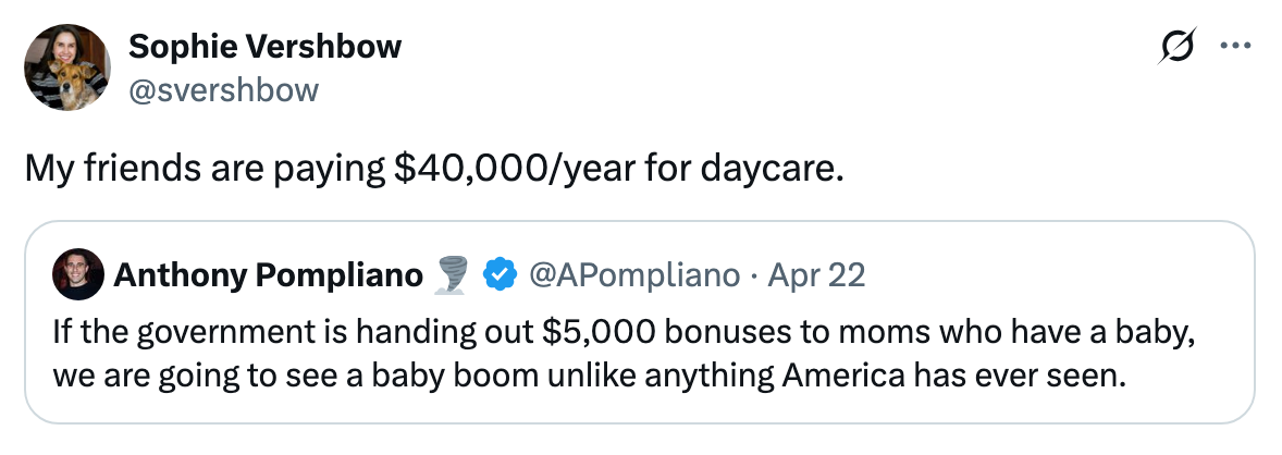Tweet discussing high daycare costs and potential government bonuses leading to a baby boom