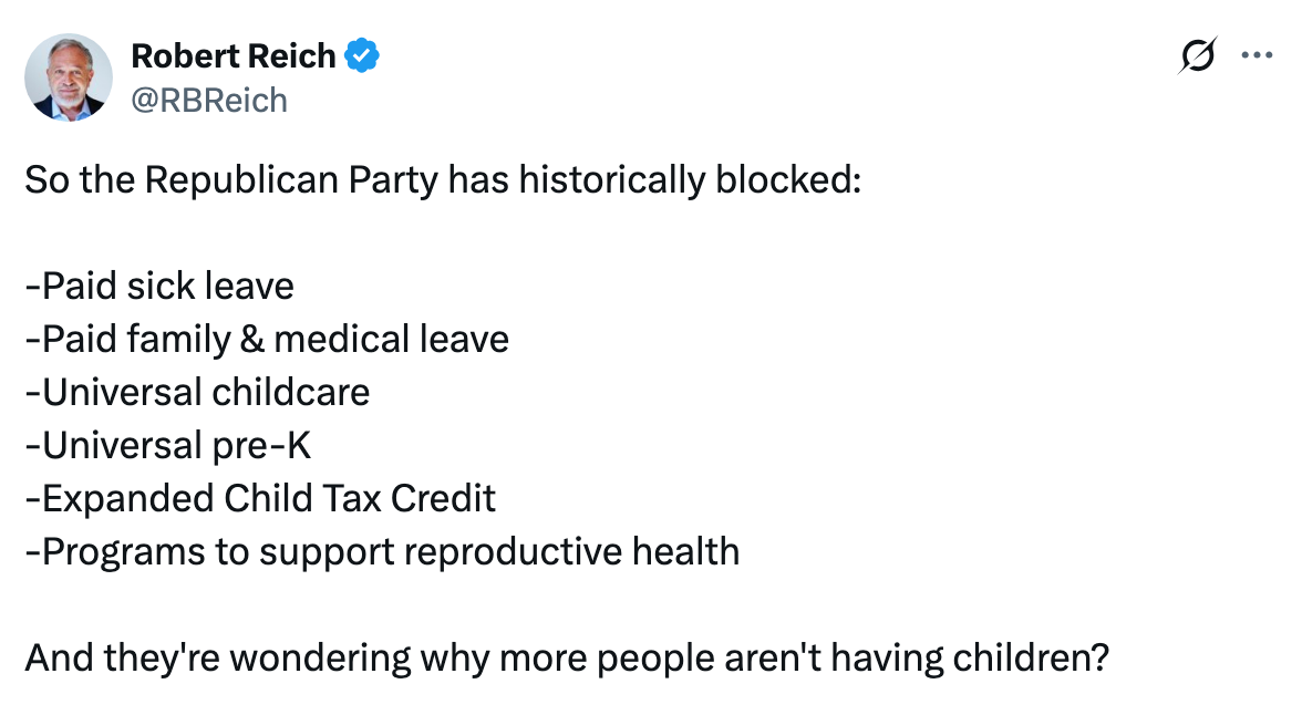 Image with text listing policies the Republican Party has historically blocked, including paid sick leave, family leave, universal childcare, and more