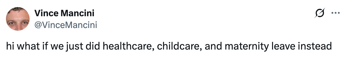 Tweet from Vince Mancini: "hi what if we just did healthcare, childcare, and maternity leave instead"