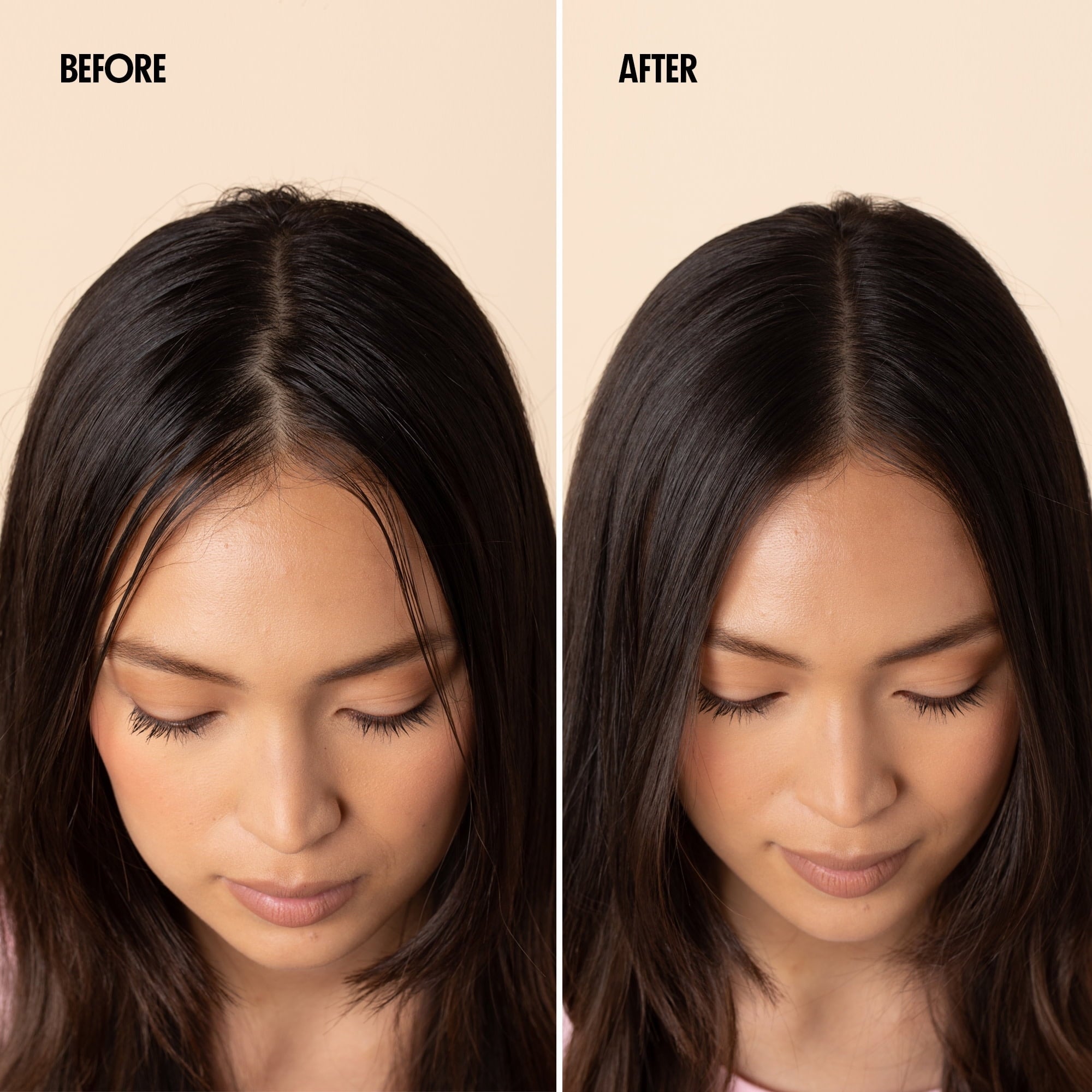 Before-and-after examination  of a woman's hairsbreadth  showcasing a product's effect, with smoother and shinier hairsbreadth  connected  the right