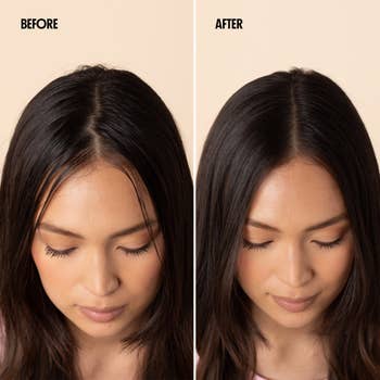 Before-and-after examination of a woman's hairsbreadth showcasing a product's effect, with smoother and shinier hairsbreadth connected the right