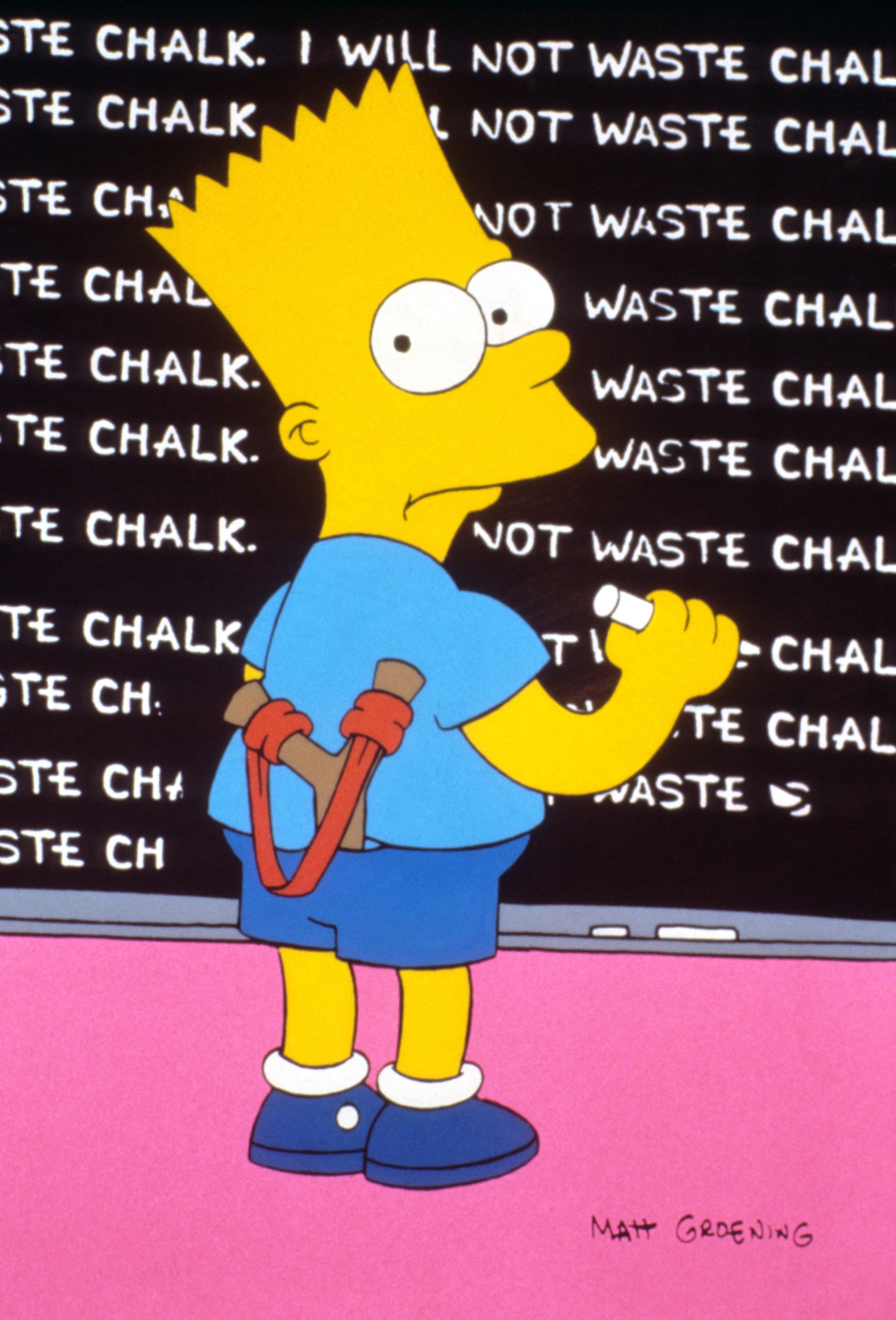 Bart Simpson writes "I will not waste chalk" repeatedly on a blackboard in a classroom