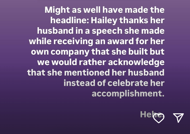 Text about Hailey thanking her husband during an award speech, emphasizing media focus on her mention of him over her own achievements