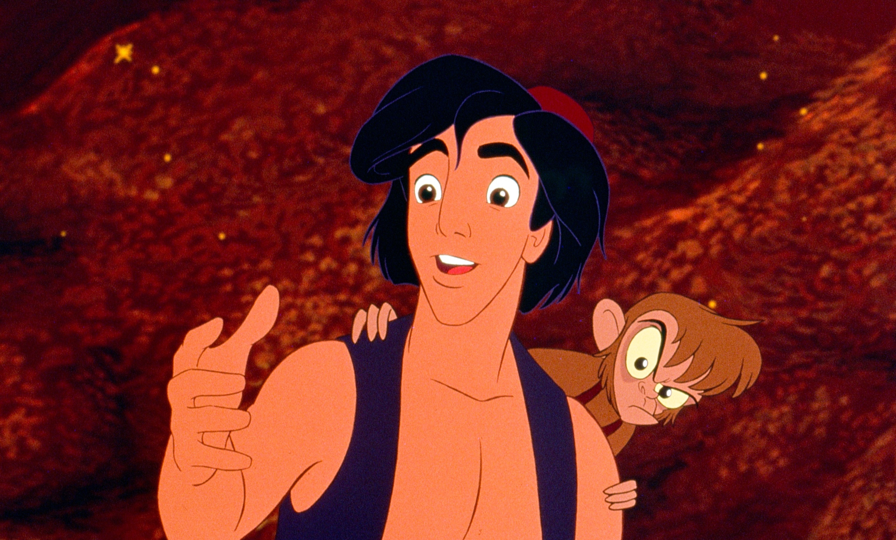 Animated character with a monkey on his shoulder gestures forward, both looking surprised in a desert-like setting