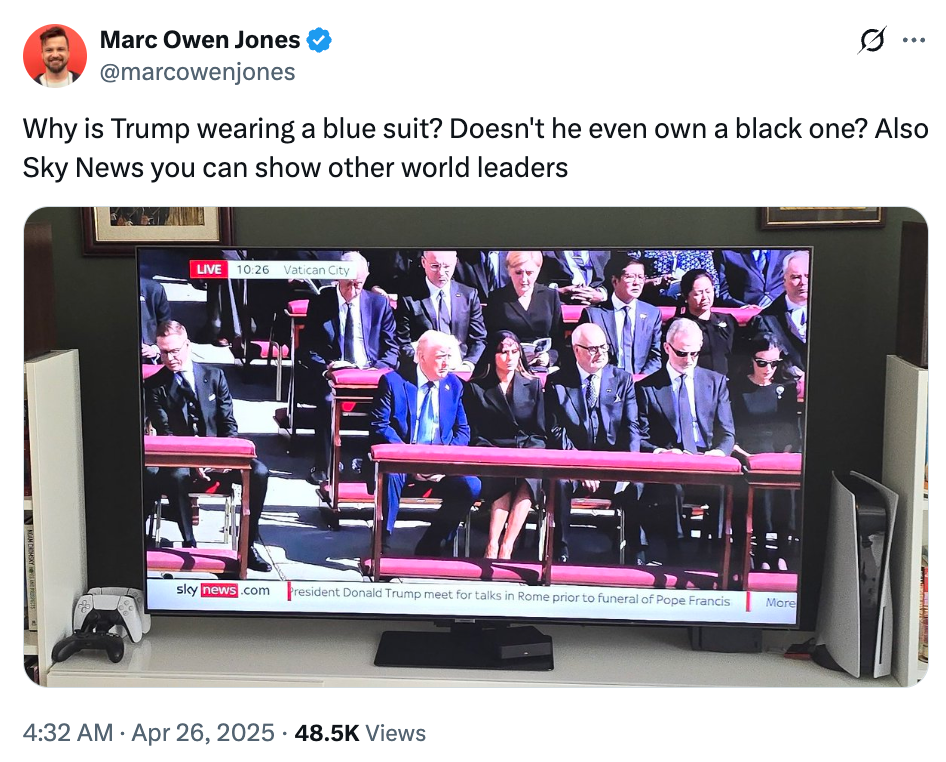 Screenshot of a tweet by Marc Owen Jones showing Trump at an event with people, captured on a TV screen displaying Sky News