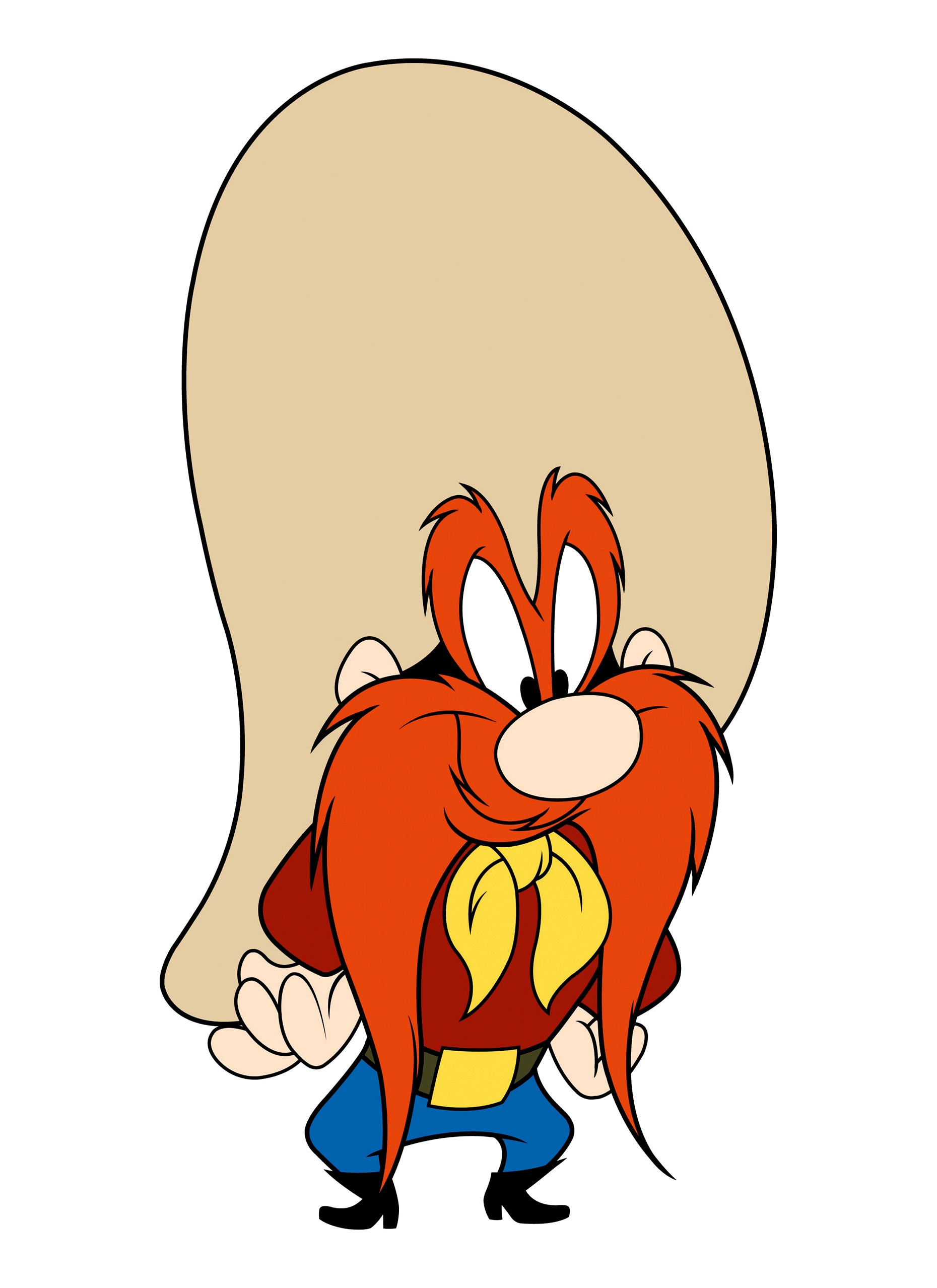 Cartoon character with long red mustache, oversized tan hat, red shirt, yellow scarf, and blue pants, smiling with hands on hips