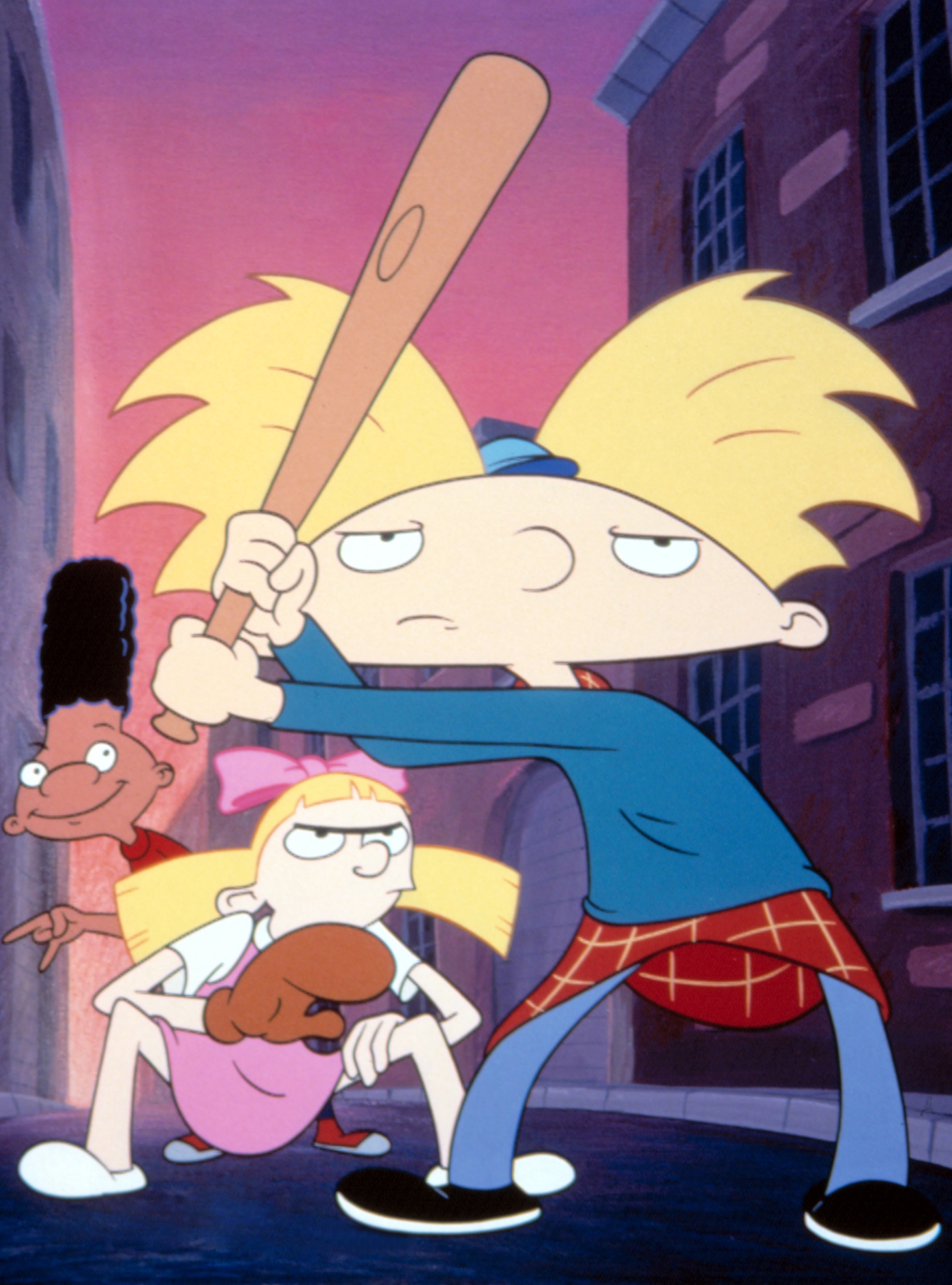 Animated characters from &quot;Hey Arnold!&quot; stand ready for action in a city alleyway. Arnold is in the center holding a bat
