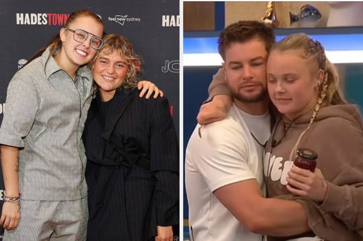 Two side-by-side images: Left, two people smiling on a red carpet; right, a person in a hoodie holding a jar, being hugged by someone in a white shirt