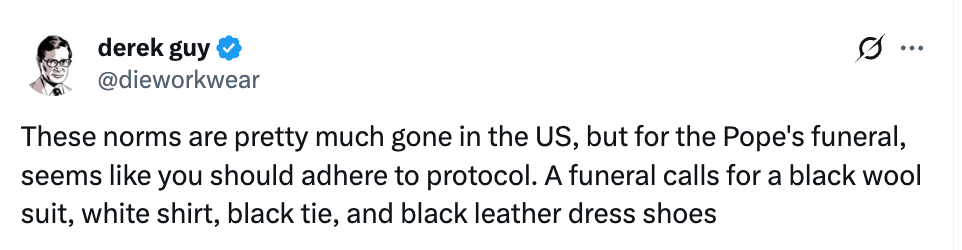 Two images of people in formal attire at an event. A tweet discusses dress protocol at a funeral, implying a need for traditional suits