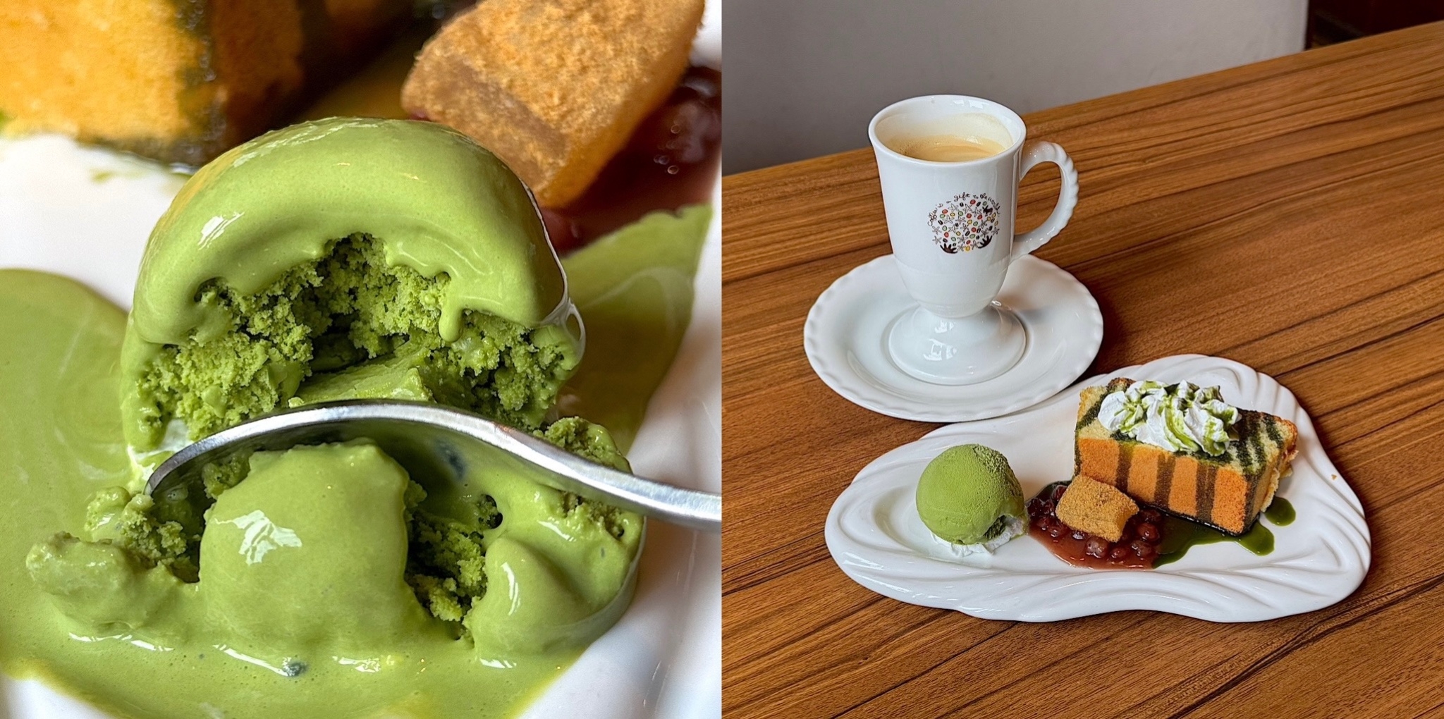 Close-up of desserts: Left shows green ice cream and cake with a spoon. Right displays a plated dessert with coffee on a wooden table