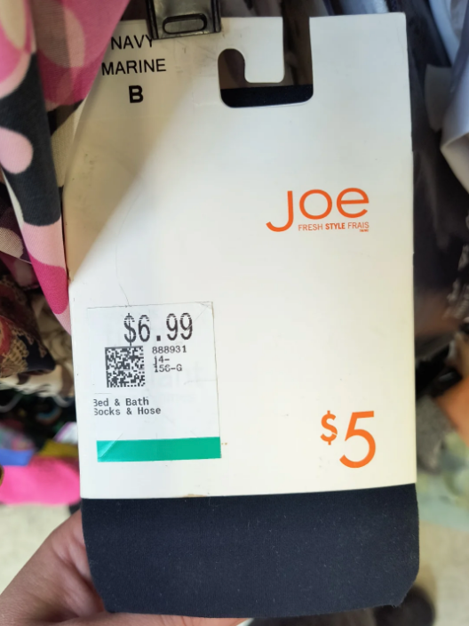 Price tag for bed and bath socks, originally $6.99, now $5. Brand: Joe Fresh Style