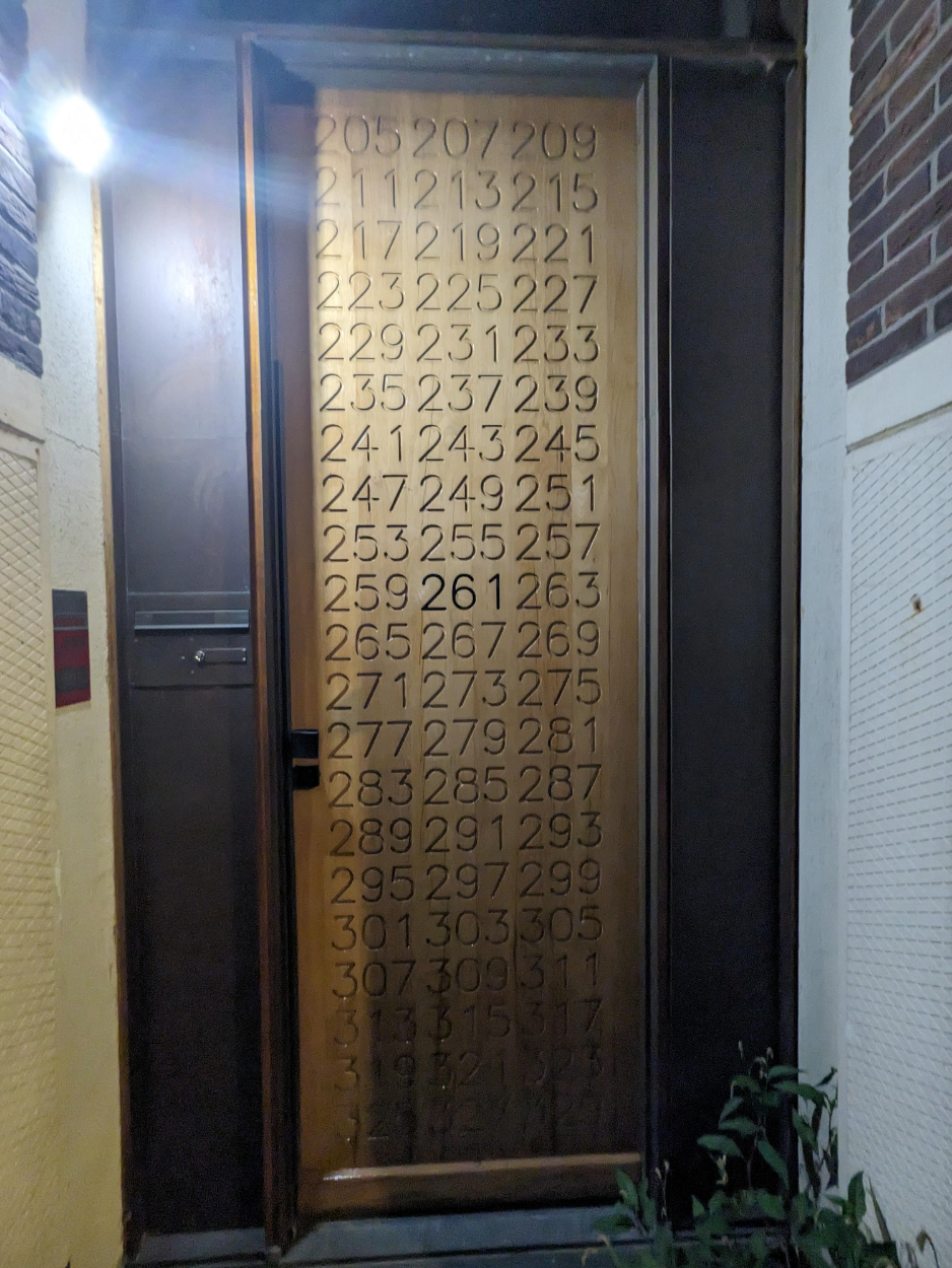Door with a unique number pattern design featuring columns of sequential numbers from 205 to 309