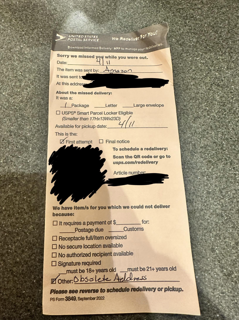 USPS missed delivery notice with options for rescheduling or pickup information and reasons for delivery failure