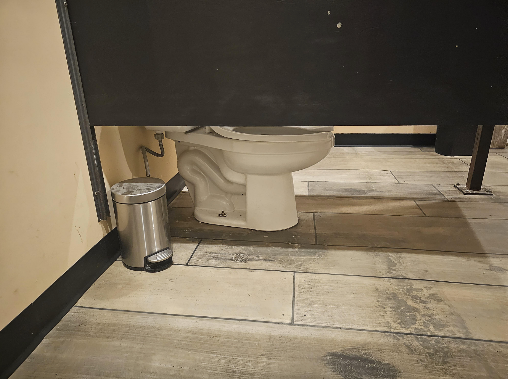 Public restroom stall showing a toilet and a foot-operated trash can nearby. Walls and floor have a rustic finish