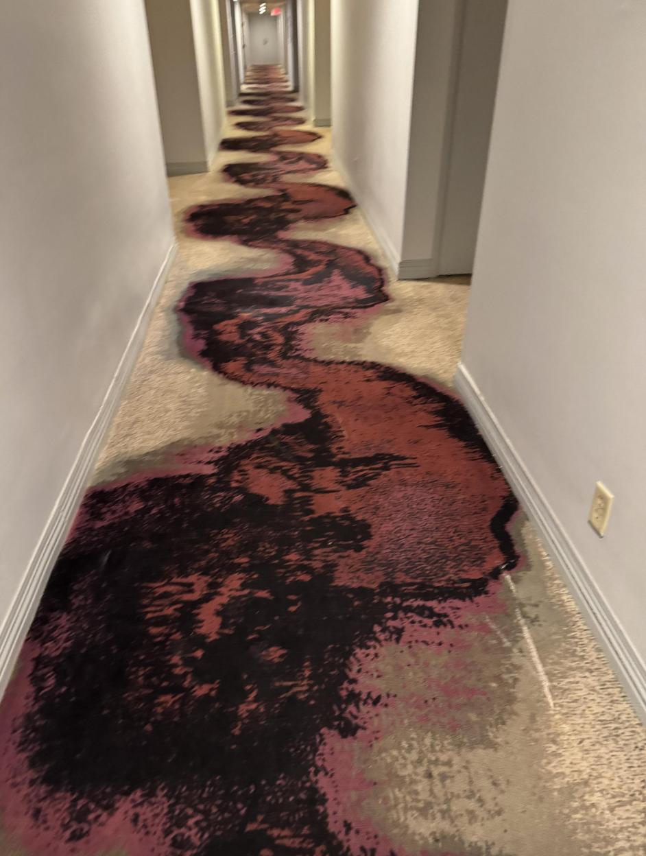 Optical illusion carpet in a hallway creates a wavy, uneven floor appearance, featuring a pattern with dark and light areas