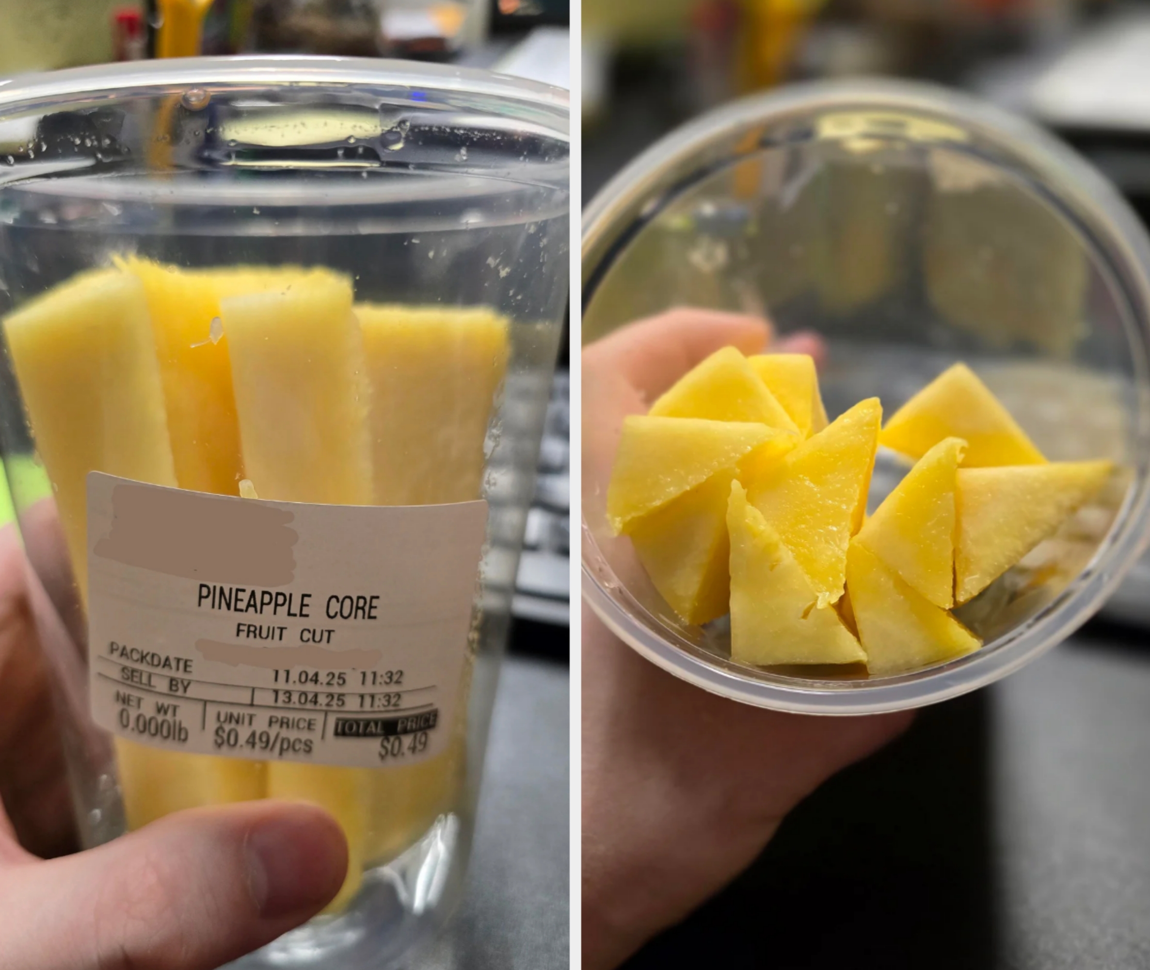A plastic cup contains pineapple core slices with a price tag showing $0.49 total for 0.0001 lb