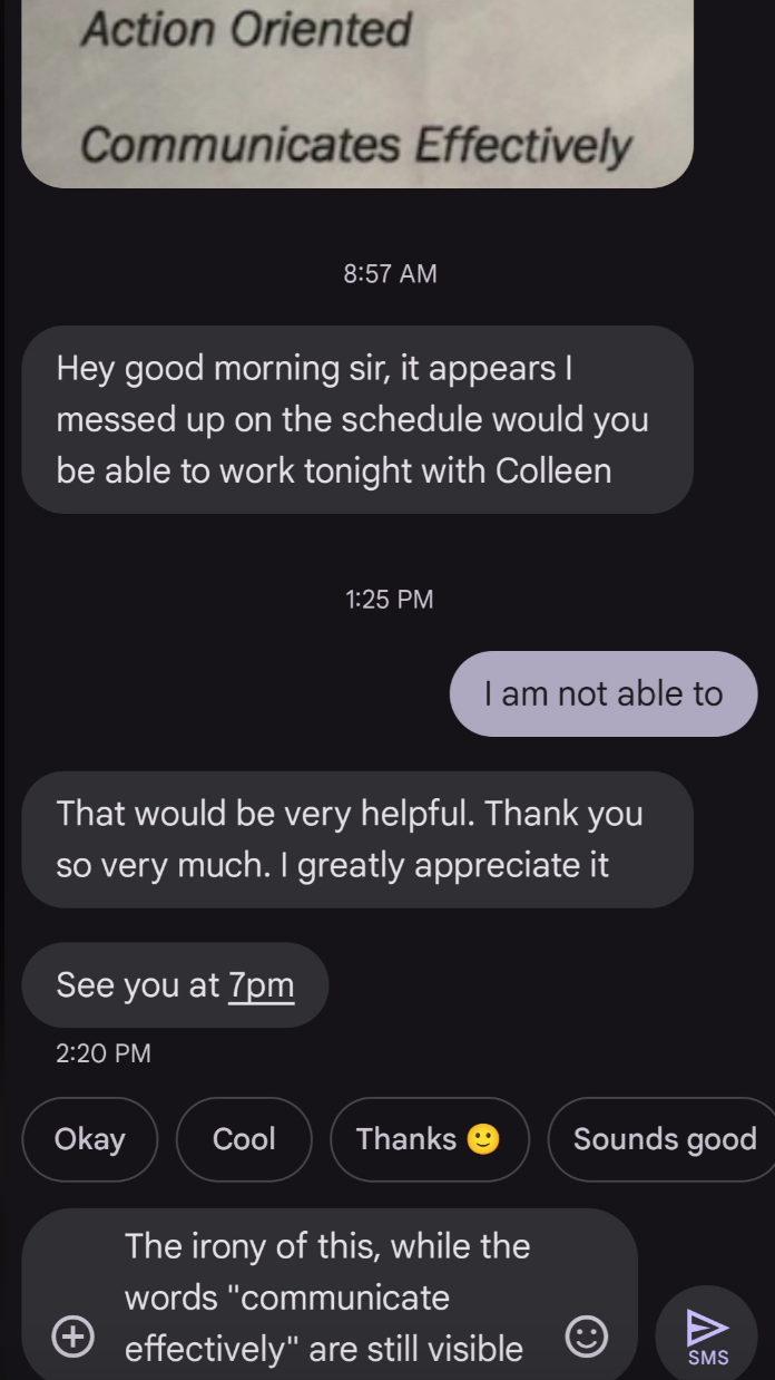 Text messages discuss a scheduling mix-up. One person apologizes and requests help. The other agrees, setting a meeting at 7pm. Widget options: "Okay," "Cool," etc