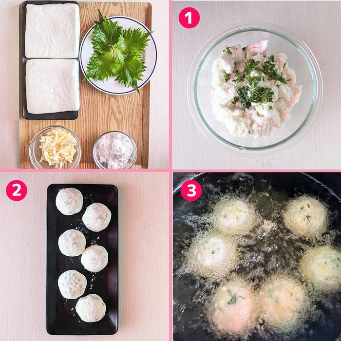 はんぺんで作るしそチーズ揚げ団子の調理ステップ。材料準備、団子形成、揚げる過程を示す。