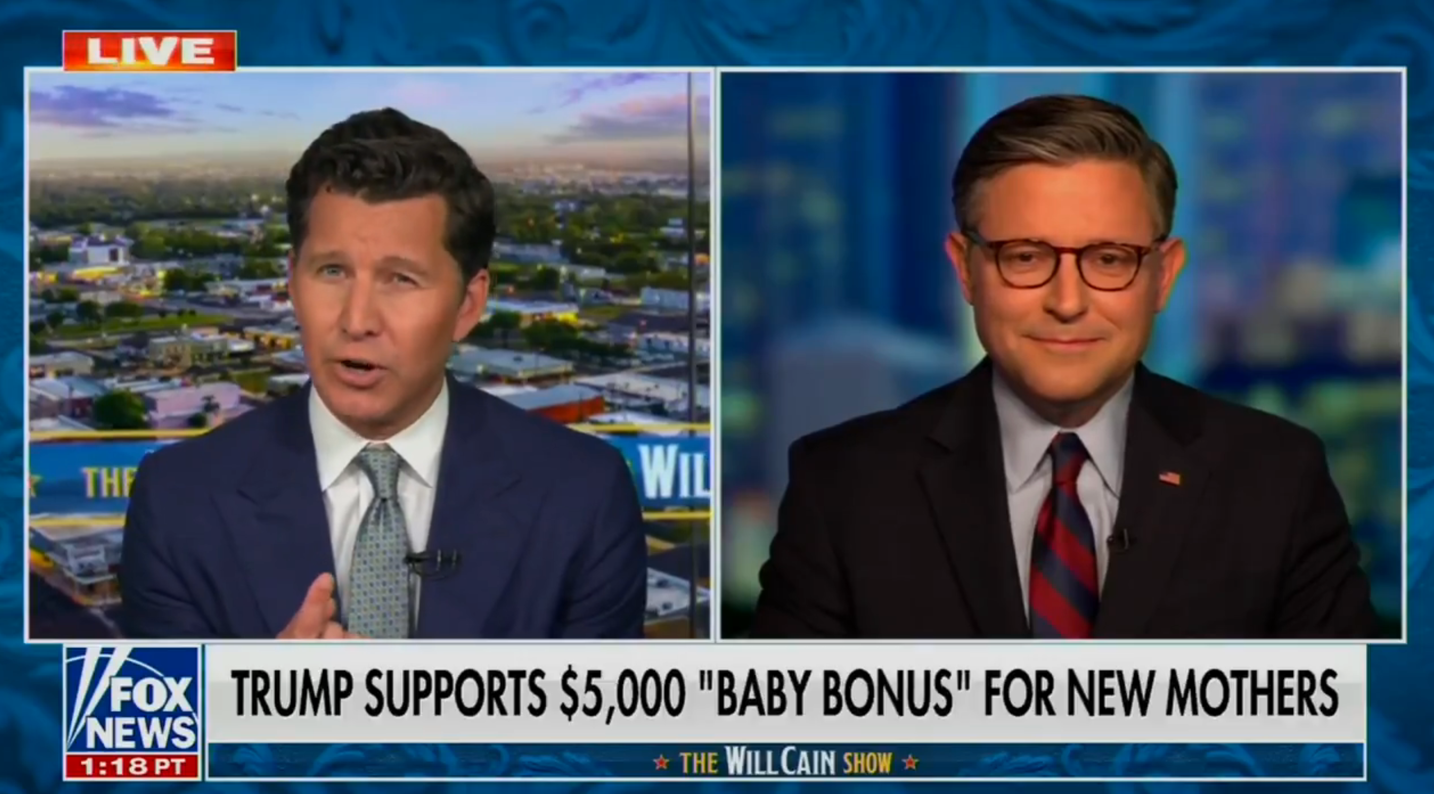Two news anchors discuss Trump's $5,000 "baby bonus" for new mothers on a split-screen broadcast