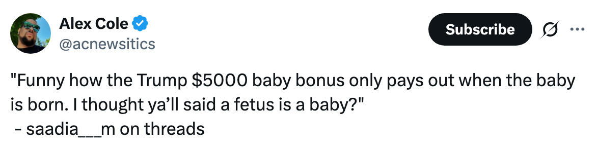 Tweet by Alex Cole quoting a user questioning the timing of Trump's $5000 baby bonus payout