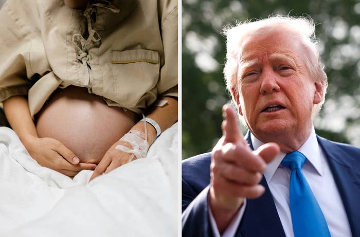 Person with an IV holds pregnant belly; man gestures while speaking outdoors