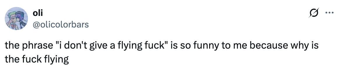 Text tweet discussing the humor in the phrase "don't give a flying fuck" and questioning why the "fuck" is flying