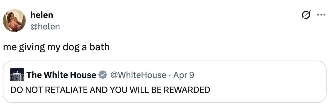 Tweet by @helen: "me giving my dog a bath" with a White House tweet: "DO NOT RETALIATE AND YOU WILL BE REWARDED."