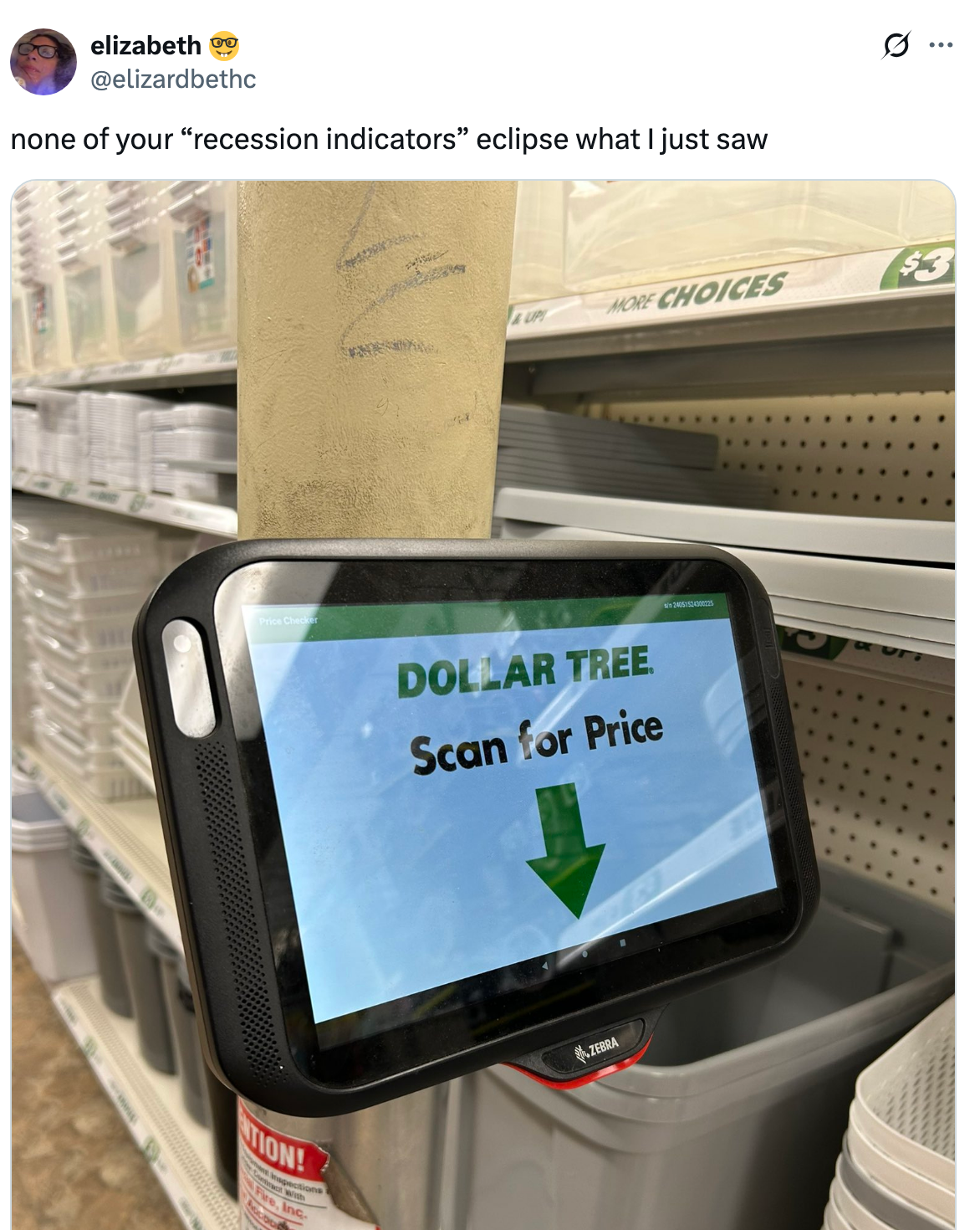 A humorous tweet about high inflation shows a Dollar Tree store display with a touchscreen asking customers to scan items for price