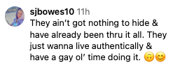 Comment by sjbowes10: "They ain't got nothing to hide & have already been thru it all. They just wanna live authentically & have a gay ol' time doing it."