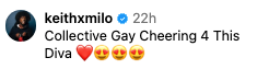 Instagram post by keithxmilo praising a diva, with heart and heart-eyes emojis
