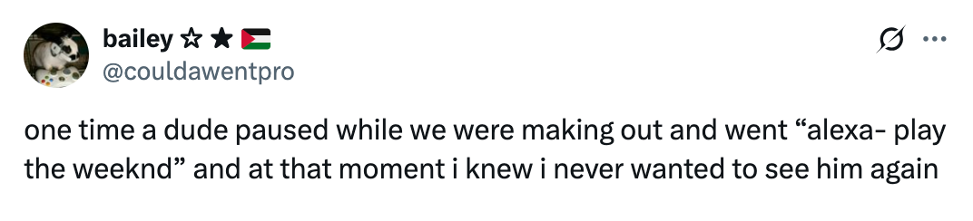 Tweet about an awkward moment during a date involving an Alexa command to play music
