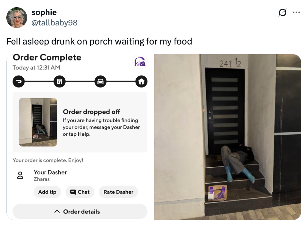 Screenshot of a tweet. Left: Screenshot of a food delivery app showing order completion. Right: Person asleep on porch steps with phone on the ground