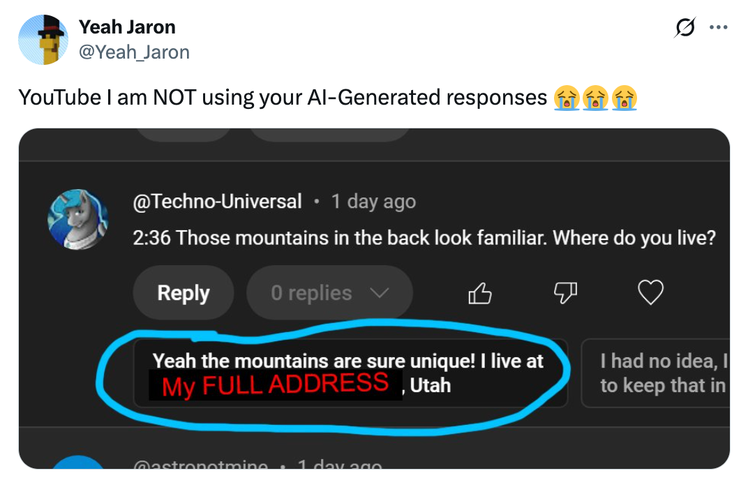 A social media post showing a comment with a person accidentally revealing their full address while discussing mountains in a video