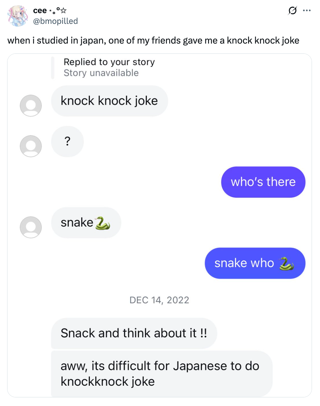 A series of text message screenshots showing a knock-knock joke about a snake and a follow-up comment on language difficulty
